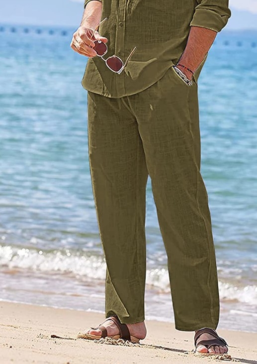 Pánske ľanové nohavice so sťahovacou šnúrkou, elastický pás, jednofarebné kockované, priedušné, vonkajšie, denné, vonkajšie nohavice