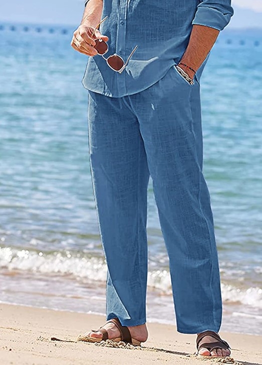 Pánske ľanové nohavice so sťahovacou šnúrkou, elastický pás, jednofarebné kockované, priedušné, vonkajšie, denné, vonkajšie nohavice