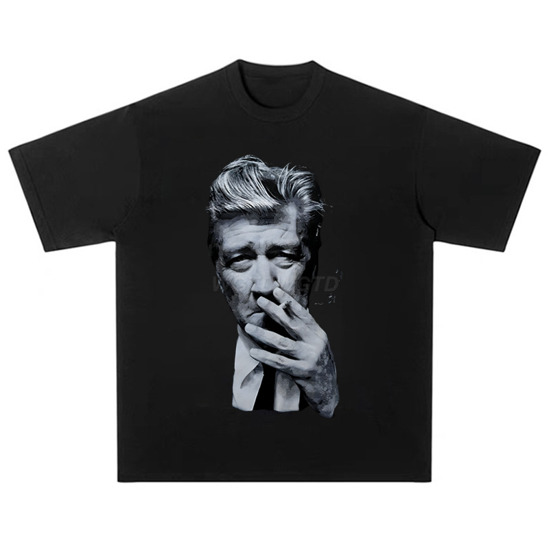 David Lynch Cross-Border American Oversized Printed Cotton Black Top trumpomis rankovėmis gatvės mados marškinėliai