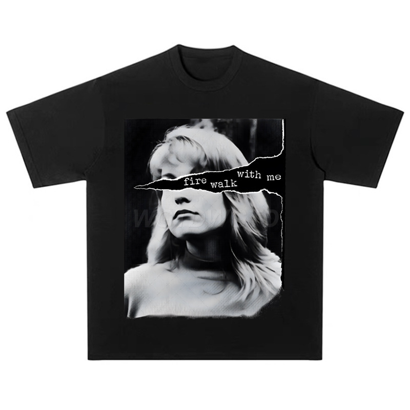 Tricou David Lynch Cross-Border American Oversize cu imprimeu negru din bumbac, cu mânecă scurtă, stil street ...