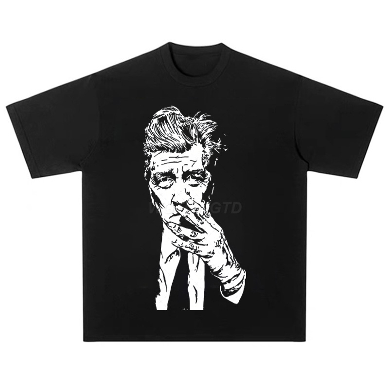 Tricou David Lynch Cross-Border American Oversize cu imprimeu negru din bumbac, cu mânecă scurtă, stil street ...