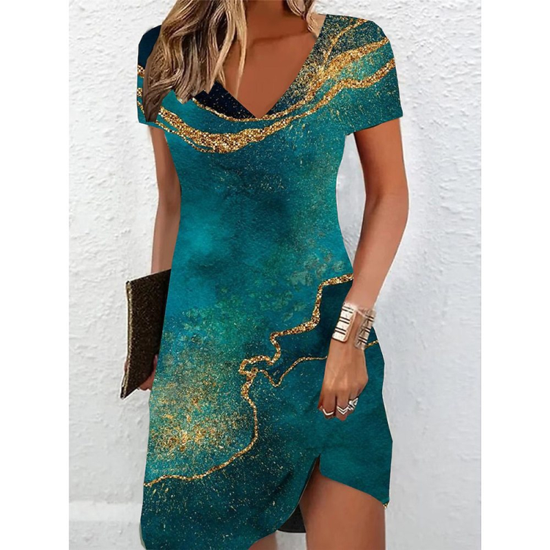 2024. gada sieviešu T-krekla kleita ikdienas kleita vasaras ziedu raksta V veida kakla mini kleita