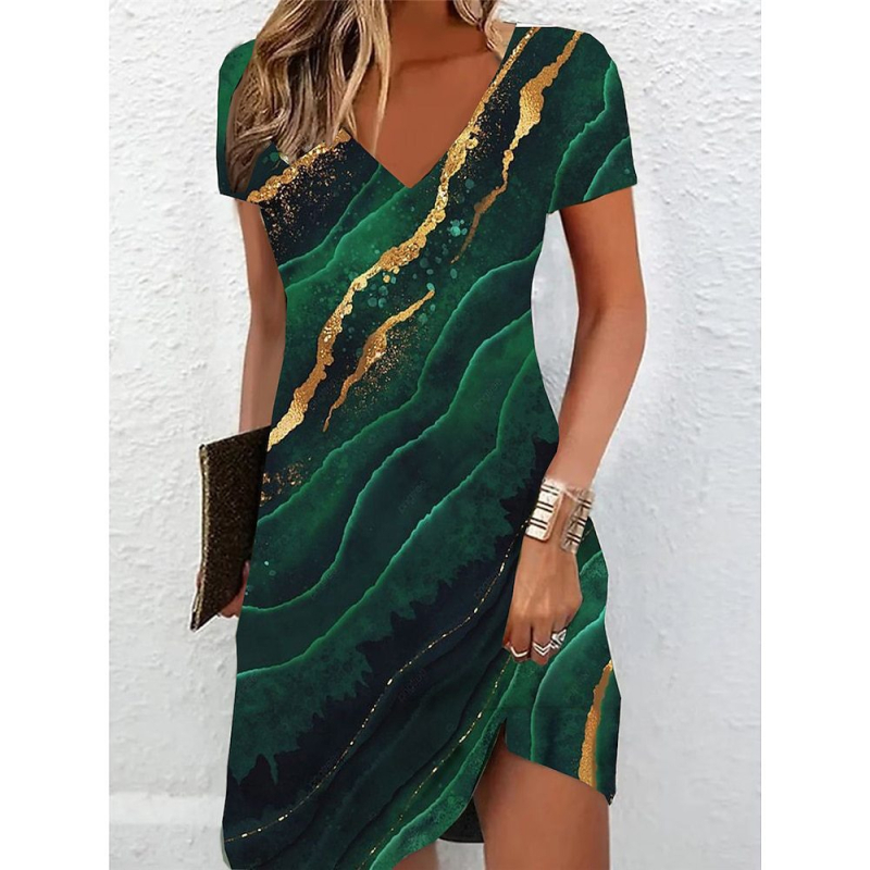 2024. gada sieviešu T-krekla kleita ikdienas kleita vasaras ziedu raksta V veida kakla mini kleita