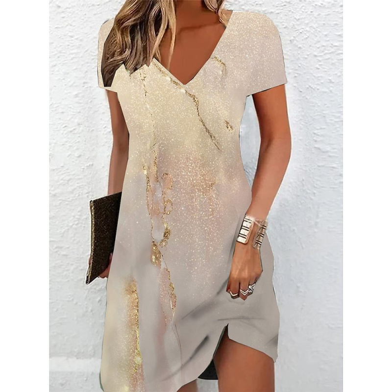 2024. gada sieviešu T-krekla kleita ikdienas kleita vasaras ziedu raksta V veida kakla mini kleita