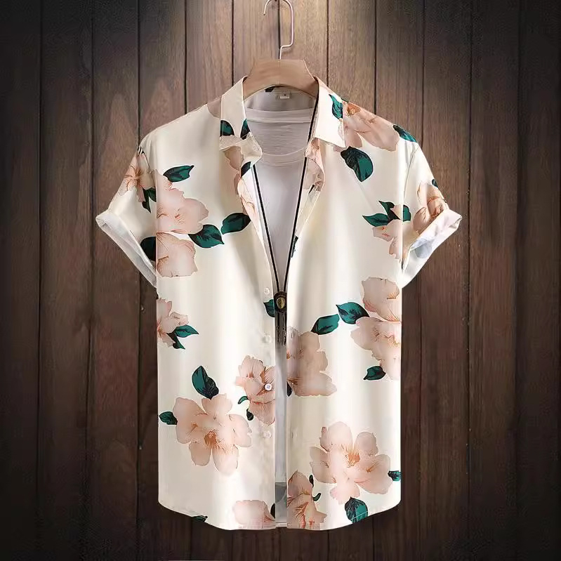 Cămașă bărbătească cu mânecă scurtă, casual, cu imprimeu de comerț exterior, cu litere speciale transfrontaliere