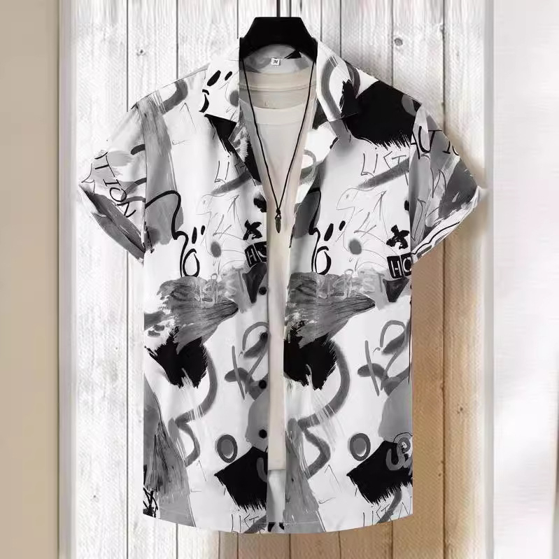 Cămașă bărbătească cu mânecă scurtă, casual, cu imprimeu de comerț exterior, cu litere speciale transfrontaliere