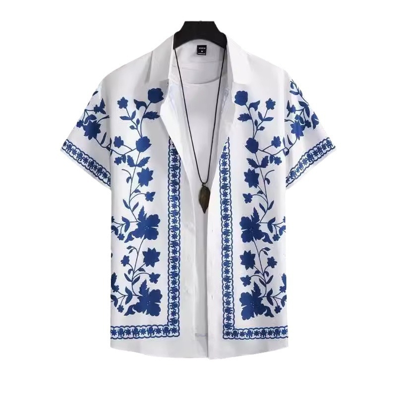 Cămașă bărbătească cu mânecă scurtă, casual, cu imprimeu de comerț exterior, cu litere speciale transfrontaliere