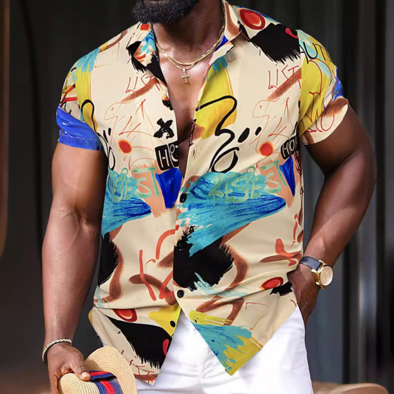 Cămașă bărbătească cu mânecă scurtă, casual, cu imprimeu de comerț exterior, cu litere speciale transfrontaliere