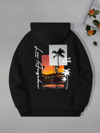 [Cod european transfrontalier] Hanorac cu guler înalt pentru bărbați, imprimat cu tema Beach Los Angeles, glugă cu mânecă lungă și buzunar tip cangur