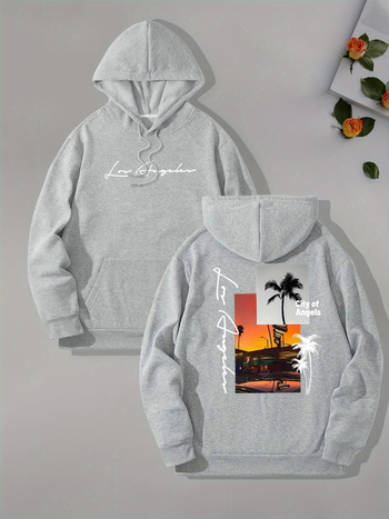 [Cod european transfrontalier] Hanorac cu guler înalt pentru bărbați, imprimat cu tema Beach Los Angeles, glugă cu mânecă lungă și buzunar tip cangur