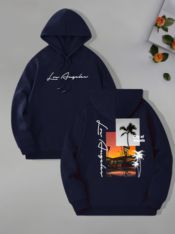 [Cod european transfrontalier] Hanorac cu guler înalt pentru bărbați, imprimat cu tema Beach Los Angeles, glugă cu mânecă lungă și buzunar tip cangur