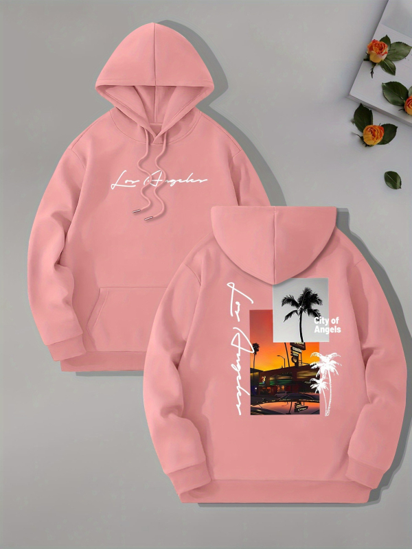 [Cod european transfrontalier] Hanorac cu guler înalt pentru bărbați, imprimat cu tema Beach Los Angeles, glugă cu mânecă lungă și buzunar tip cangur