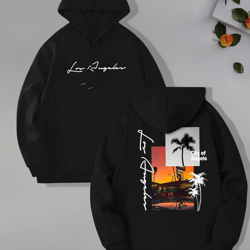 [Cod european transfrontalier] Hanorac cu guler înalt pentru bărbați, imprimat cu tema Beach Los Angeles, glugă cu mânecă lungă și buzunar tip cangur