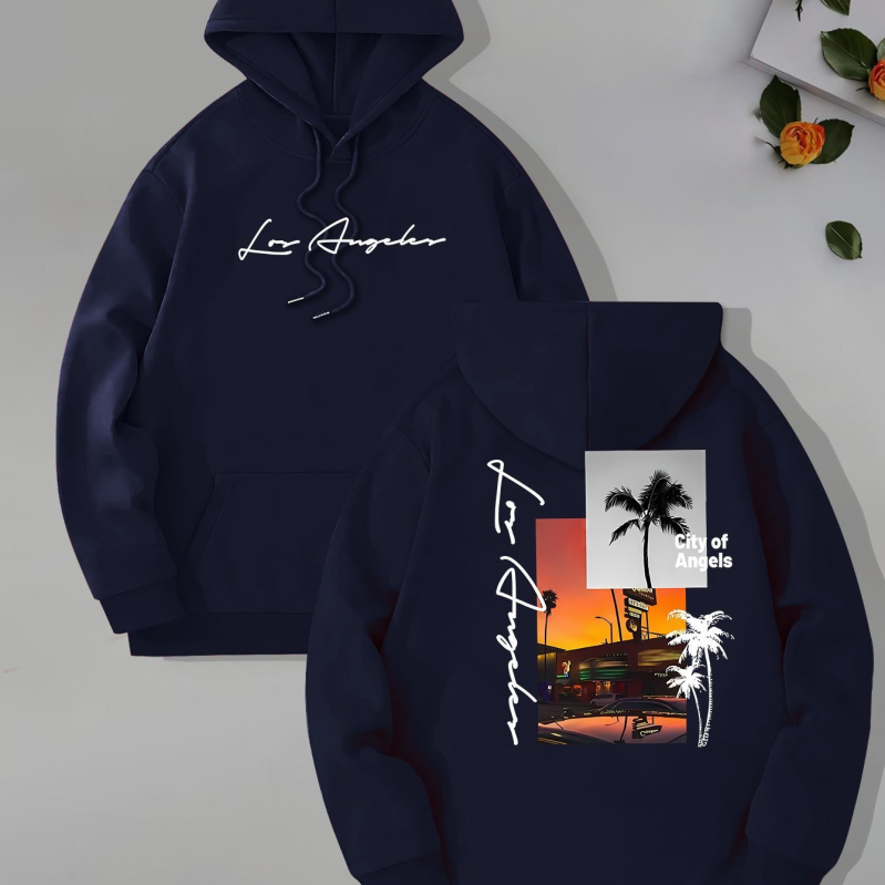 [Cod european transfrontalier] Hanorac cu guler înalt pentru bărbați, imprimat cu tema Beach Los Angeles, glugă cu mânecă lungă și buzunar tip cangur