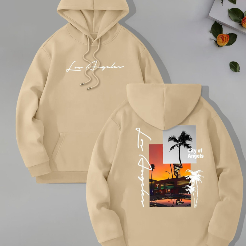 [Cod european transfrontalier] Hanorac cu guler înalt pentru bărbați, imprimat cu tema Beach Los Angeles, glugă cu mânecă lungă și buzunar tip cangur