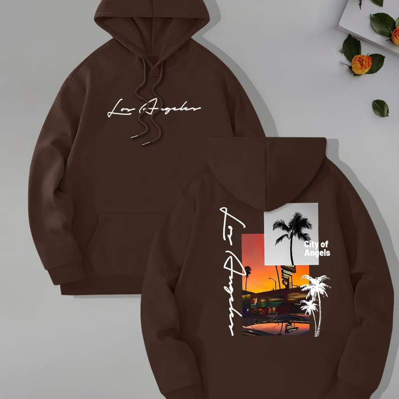 [Cod european transfrontalier] Hanorac cu guler înalt pentru bărbați, imprimat cu tema Beach Los Angeles, glugă cu mânecă lungă și buzunar tip cangur