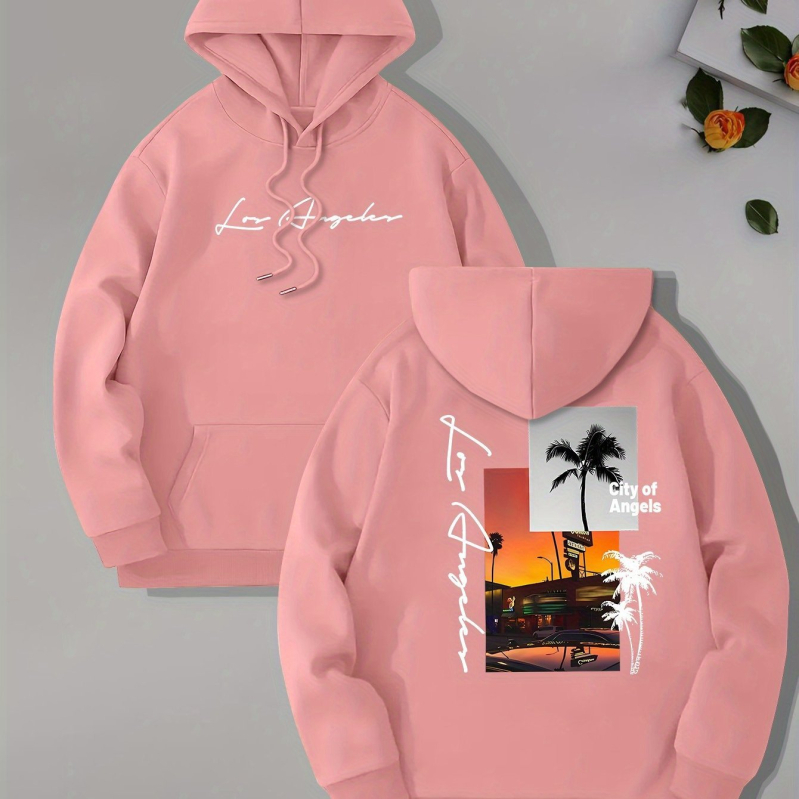 [Cod european transfrontalier] Hanorac cu guler înalt pentru bărbați, imprimat cu tema Beach Los Angeles, glugă cu mânecă lungă și buzunar tip cangur