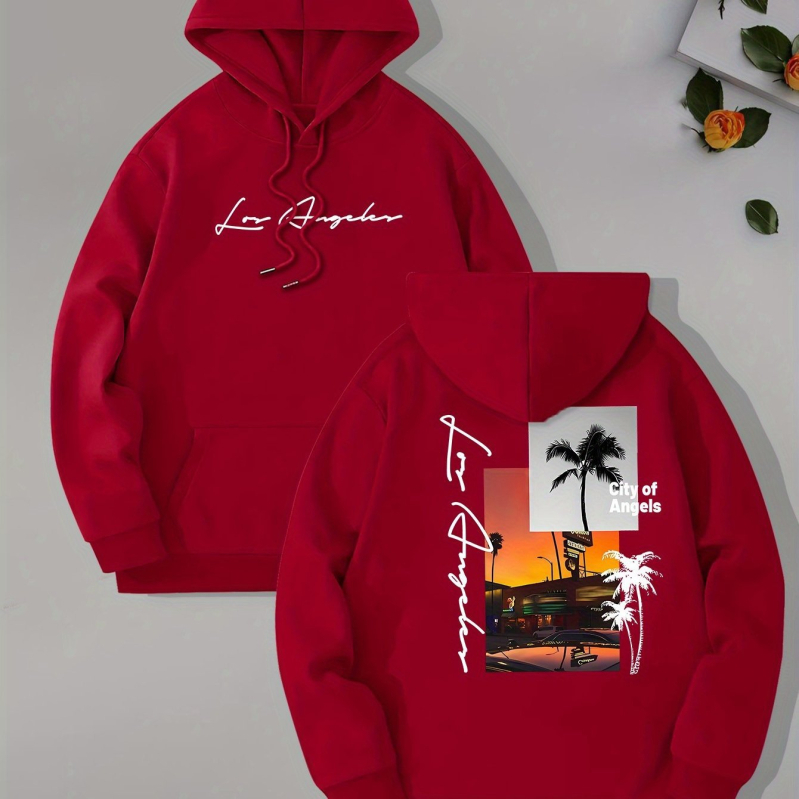 [Cod european transfrontalier] Hanorac cu guler înalt pentru bărbați, imprimat cu tema Beach Los Angeles, glugă cu mânecă lungă și buzunar tip cangur