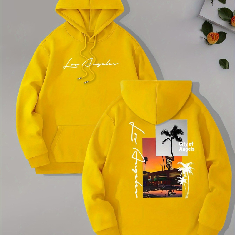 [Cod european transfrontalier] Hanorac cu guler înalt pentru bărbați, imprimat cu tema Beach Los Angeles, glugă cu mânecă lungă și buzunar tip cangur