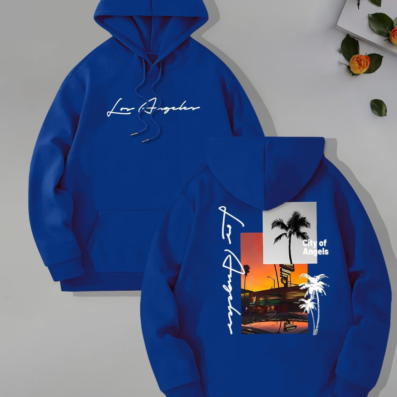 [Cod european transfrontalier] Hanorac cu guler înalt pentru bărbați, imprimat cu tema Beach Los Angeles, glugă cu mânecă lungă și buzunar tip cangur