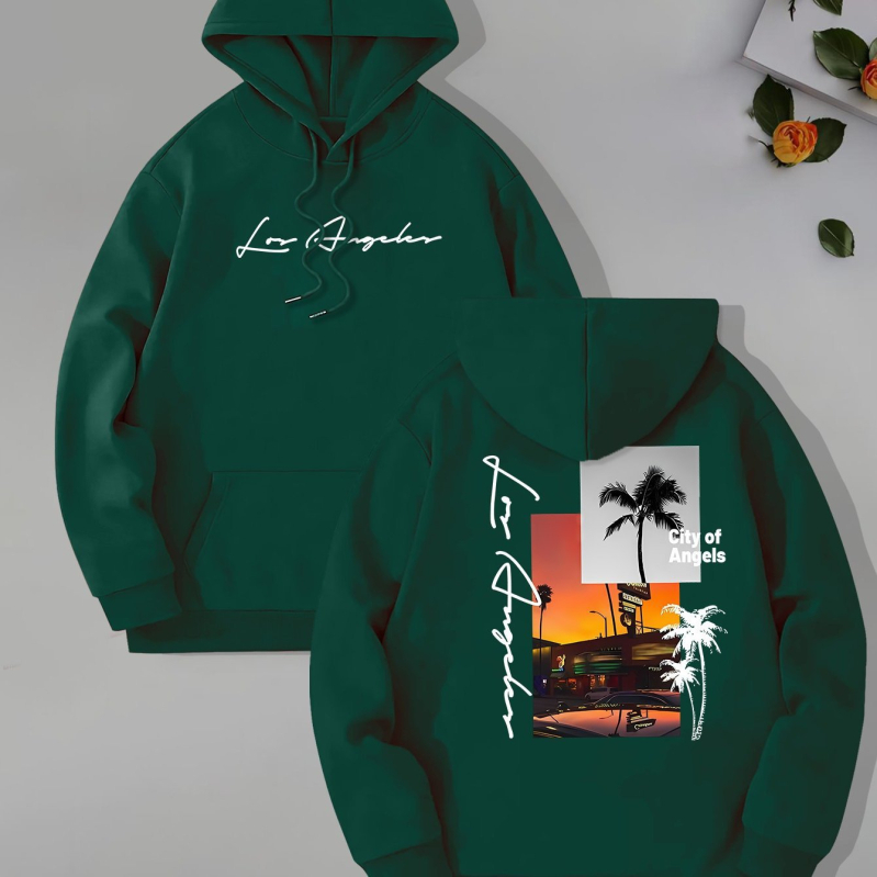 [Cod european transfrontalier] Hanorac cu guler înalt pentru bărbați, imprimat cu tema Beach Los Angeles, glugă cu mânecă lungă și buzunar tip cangur