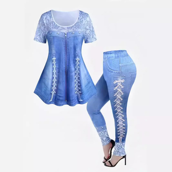 Fete cu mânecă scurtă, nou, primăvară și vară, respirabil, top, stil denim, slim, pantaloni de yoga, costum de modă european și american