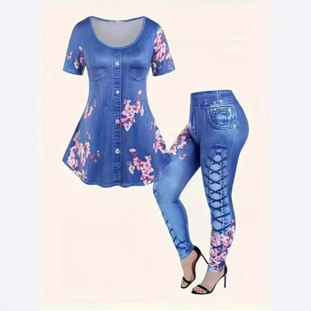 Κορίτσια με κοντομάνικο νέο ανοιξιάτικο και καλοκαιρινό αναπνεύσιμο τοπ τζιν στυλ λεπτό παντελόνι γιόγκα ευρωπαϊκής και αμερικανικής μόδας κοστούμι