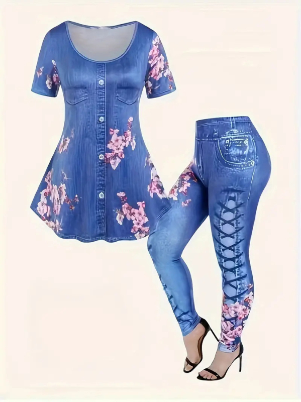 Fete cu mânecă scurtă, nou, primăvară și vară, respirabil, top, stil denim, slim, pantaloni de yoga, costum de modă european și american