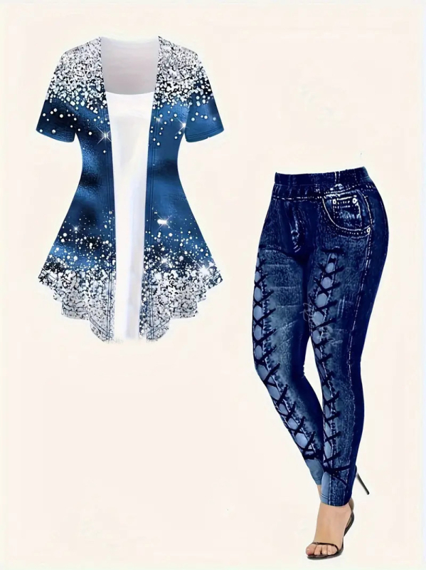 Fete cu mânecă scurtă, nou, primăvară și vară, respirabil, top, stil denim, slim, pantaloni de yoga, costum de modă european și american