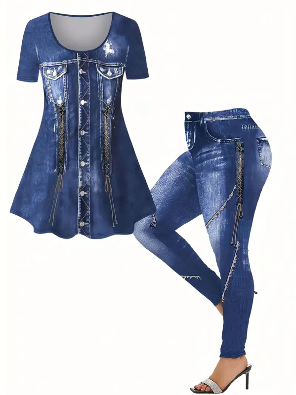 Fete cu mânecă scurtă, nou, primăvară și vară, respirabil, top, stil denim, slim, pantaloni de yoga, costum de modă european și american