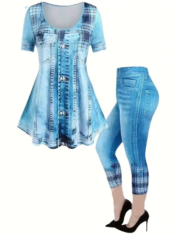 Fete cu mânecă scurtă, nou, primăvară și vară, respirabil, top, stil denim, slim, pantaloni de yoga, costum de modă european și american