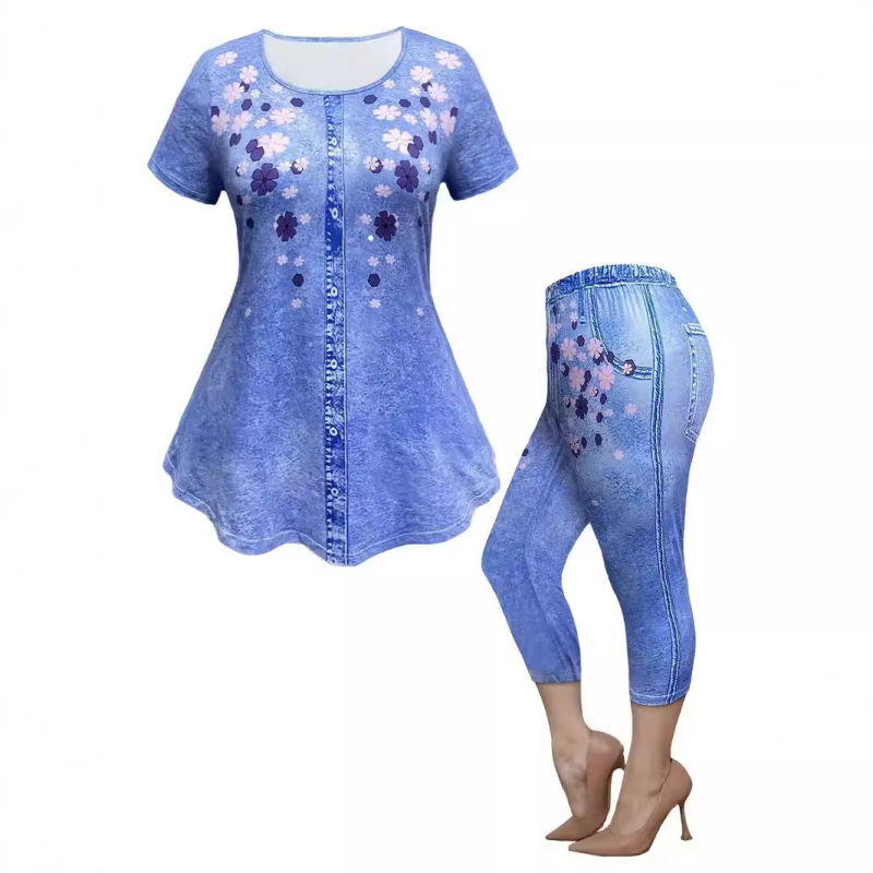 Fete cu mânecă scurtă, nou, primăvară și vară, respirabil, top, stil denim, slim, pantaloni de yoga, costum de modă european și american