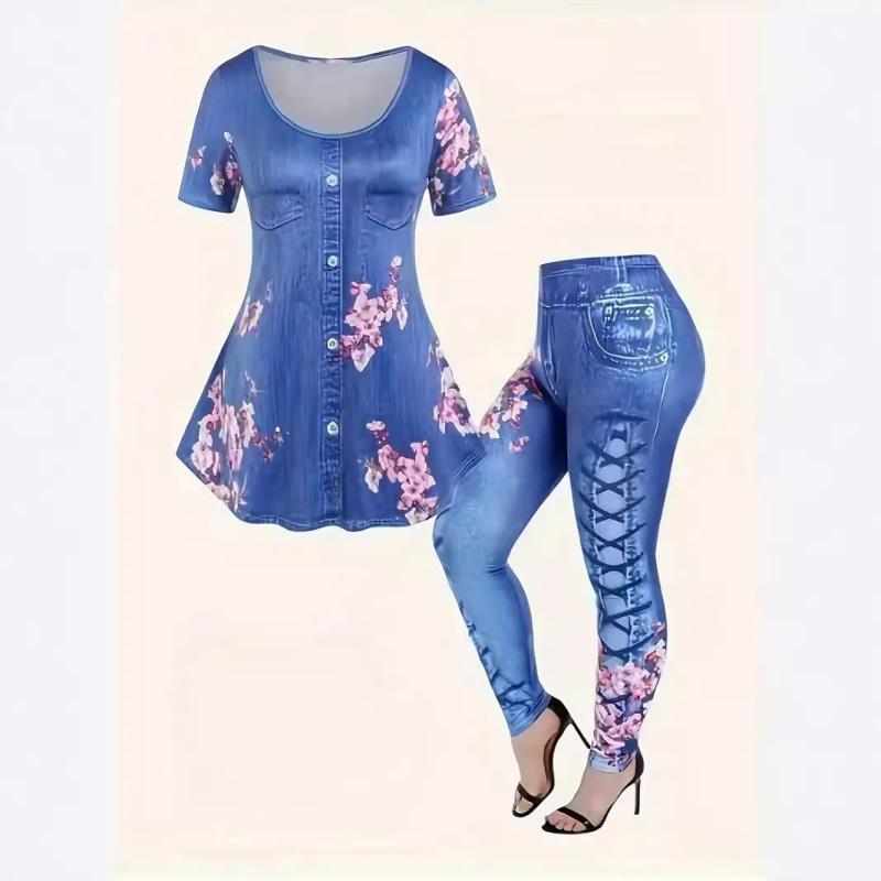 Fete cu mânecă scurtă, nou, primăvară și vară, respirabil, top, stil denim, slim, pantaloni de yoga, costum de modă european și american