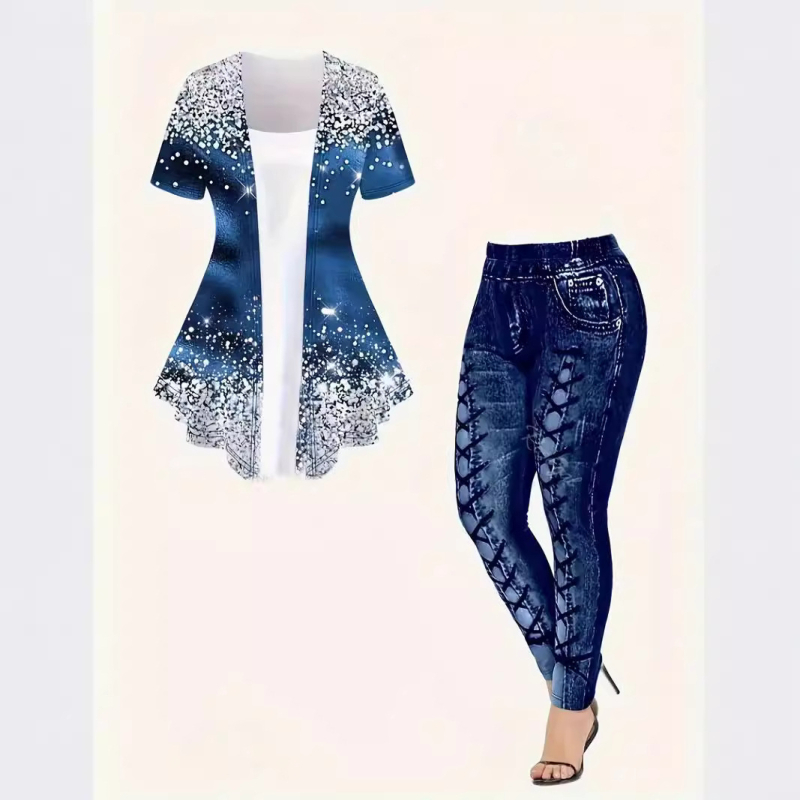 Fete cu mânecă scurtă, nou, primăvară și vară, respirabil, top, stil denim, slim, pantaloni de yoga, costum de modă european și american