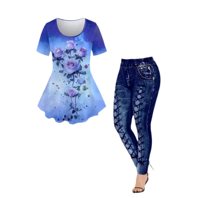 Fete cu mânecă scurtă, nou, primăvară și vară, respirabil, top, stil denim, slim, pantaloni de yoga, costum de modă european și american