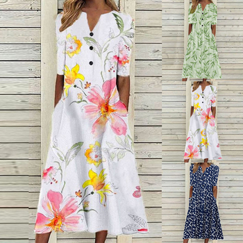 Dámske letné ležérne kvetinové šaty s prackou a krátkym rukávom 2022, elegantné midi šaty