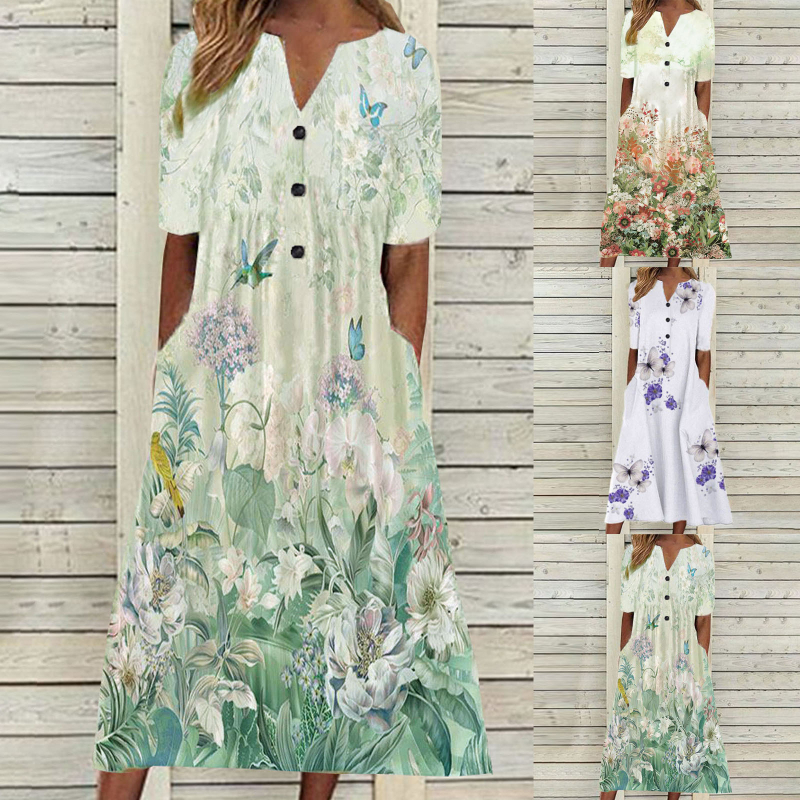 Dámske letné ležérne kvetinové šaty s prackou a krátkym rukávom 2022, elegantné midi šaty