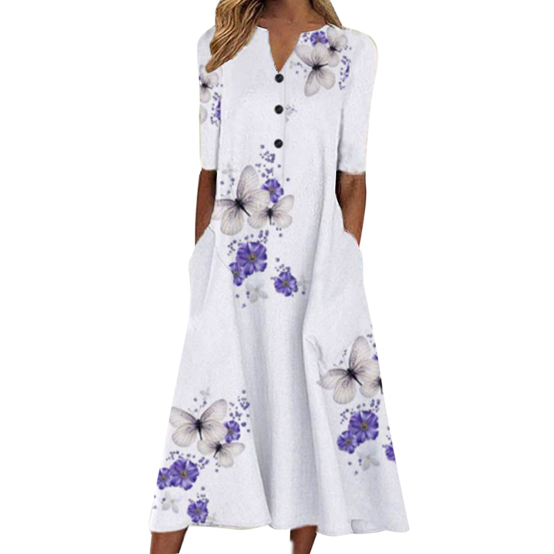 Dámske letné ležérne kvetinové šaty s prackou a krátkym rukávom 2022, elegantné midi šaty