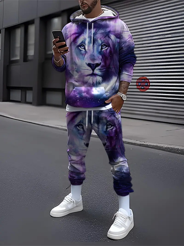 Pulover bărbătesc european și american, albastru și alb, cu grimasă de leu, lejer, casual, imprimare digitală 3D, comerț electronic transfrontalier, cel mai bine vândut temu