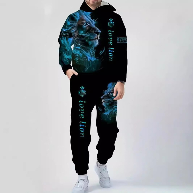 Pulover bărbătesc european și american, albastru și alb, cu grimasă de leu, lejer, casual, imprimare digitală 3D, comerț electronic transfrontalier, cel mai bine vândut temu