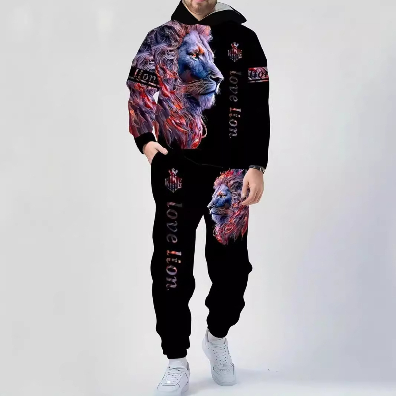 Pulover bărbătesc european și american, albastru și alb, cu grimasă de leu, lejer, casual, imprimare digitală 3D, comerț electronic transfrontalier, cel mai bine vândut temu