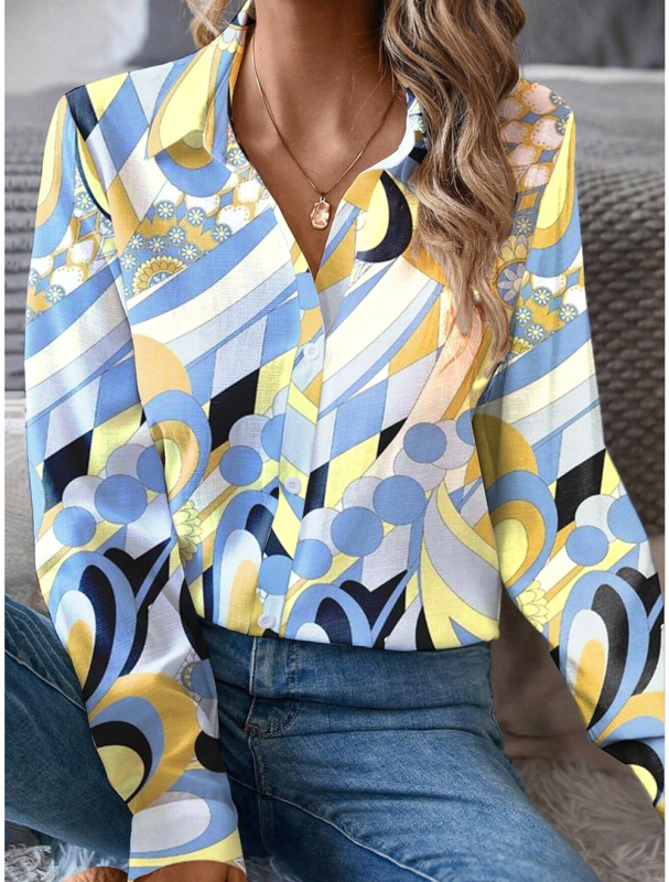 AliExpress Nou Colorat Geometric Print 3D Digital Elegant Cardigan Cămașă Femei Cămașă Top POD