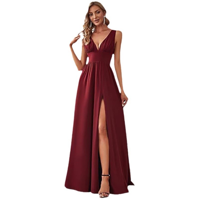 Euroopa ja Ameerika Aliexpressi õhtukleit 2025 seksikas naiste sügava V-kaelusega varrukateta küljelõhikuga põrandani ulatuv õhtukleit lihtne