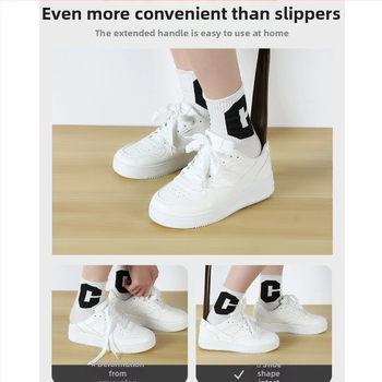 Täispuidust kingatõmmits majapidamises, pika käepidemega, eakad rasedad naised, mitte painutatud kingatõmmits, kulunud kinga artefakt, puidust kingatõmmits, säästab aega