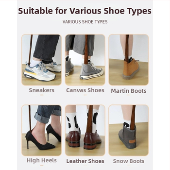 Täispuidust kingatõmmits majapidamises, pika käepidemega, eakad rasedad naised, mitte painutatud kingatõmmits, kulunud kinga artefakt, puidust kingatõmmits, säästab aega