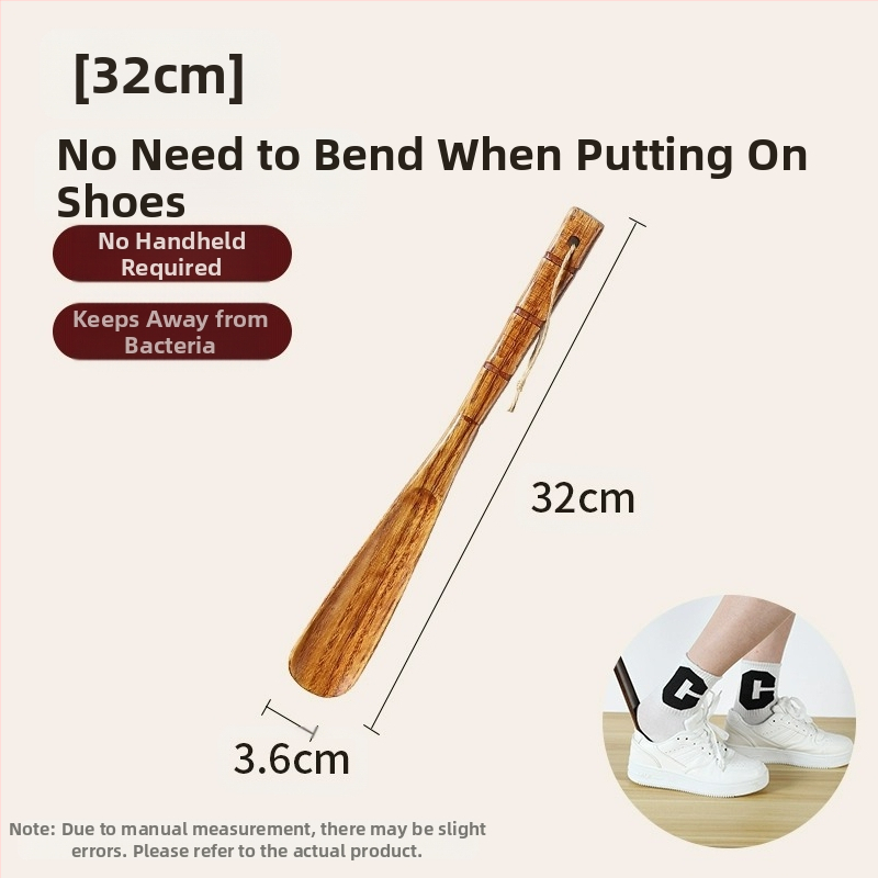 Täispuidust kingatõmmits majapidamises, pika käepidemega, eakad rasedad naised, mitte painutatud kingatõmmits, kulunud kinga artefakt, puidust kingatõmmits, säästab aega