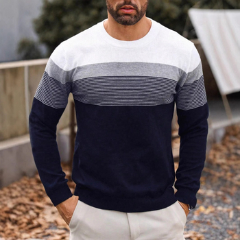 Pánsky jesenný a zimný pletený sveter s dlhým rukávom, farebnými blokmi a pruhovaným vzorom na rok 2024, klasická ležérna základná košeľa s okrúhlym výstrihom a dlhým rukávom