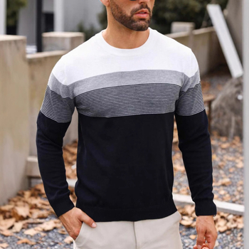 Pánsky jesenný a zimný pletený sveter s dlhým rukávom, farebnými blokmi a pruhovaným vzorom na rok 2024, klasická ležérna základná košeľa s okrúhlym výstrihom a dlhým rukávom