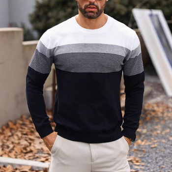 Pánsky jesenný a zimný pletený sveter s dlhým rukávom, farebnými blokmi a pruhovaným vzorom na rok 2024, klasická ležérna základná košeľa s okrúhlym výstrihom a dlhým rukávom
