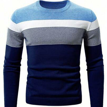 Pánsky jesenný a zimný pletený sveter s dlhým rukávom, farebnými blokmi a pruhovaným vzorom na rok 2024, klasická ležérna základná košeľa s okrúhlym výstrihom a dlhým rukávom